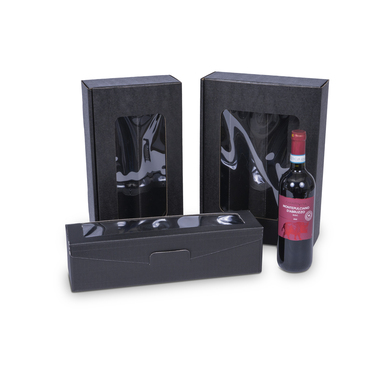 Gift packaging with window in black for 3x 0.75l bottle with bottle height 380mm & Ø90mm