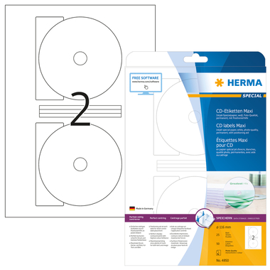 HERMA CD-Etiketten Ø116mm 4850 50 Stück, 25 Blatt