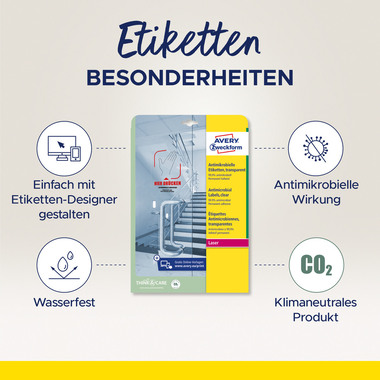 AVERY ZWECKFORM Étiquettes L8012-10 Antimic. 210x148mm transp.