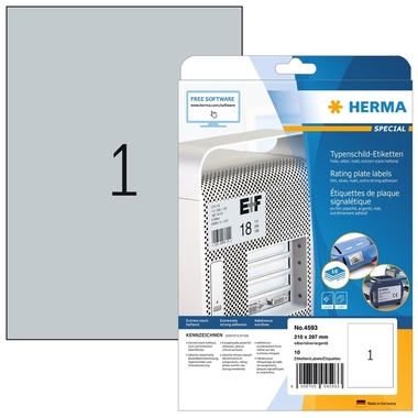 HERMA Etiquettes plaque 210x297mm 4593 argent,PP mat 10 pcs./10 flls.