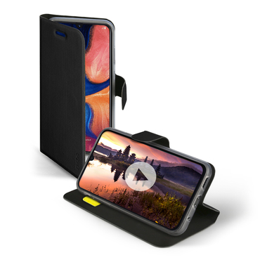Black book-style case with credit card slot and stand function for Samsung Galaxy A20e