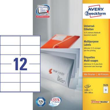 AVERY ZW. Universal labels 105x48mm 3424 white,perm. 1200 pcs. / 100 sh.