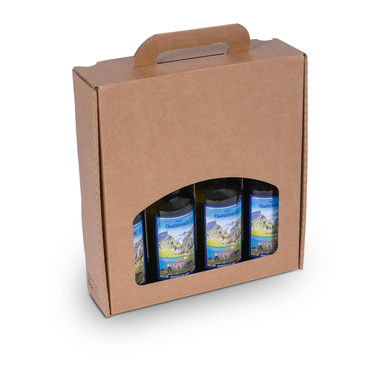 Beer gift box for 3-4 bottles made of cardboard with window & carrying handle in brown 245x278x73mm