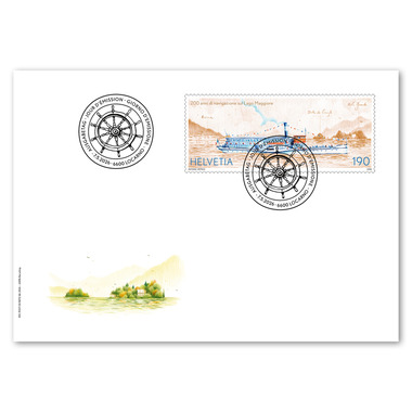 Enveloppe du jour d'émission «200 ans de navigation sur le lac Majeur» Timbre isolé (1 timbre, valeur d'affranchissement CHF 1.90) sur enveloppe du jour d'émission (FDC) C6