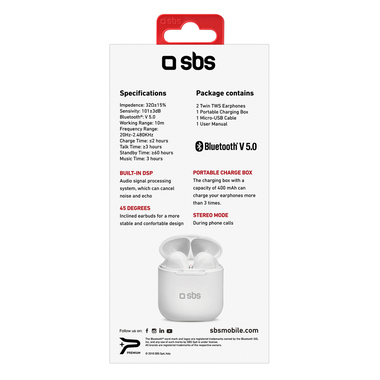 TWS Twin Earphones, Bluetooth V 5.0, with multifunction keys, 400 mAh charging base, colour white