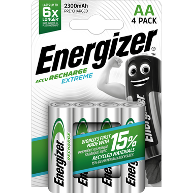 Energizer NiMH Akku Extreme (AA) 2300 mAh, 4 pz Confezione da 4 batterie ricaricabili AA Energizer Recharge Extreme, precaricate