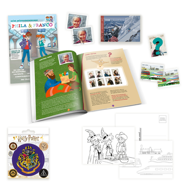«Phila & Franco» Briefmarkenset für Kinder, DE, 3/22 20-seitiges Set, 6 Briefmarken (3 gestempelt, 3 ungestempelt – davon 1 portugiesische Harry Potter Briefmarke), 3 Postkarten, 1 Harry Potter Stickerbogen