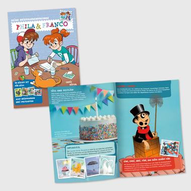 «Phila & Franco» set filatelico per bambini, 1/22 Set filatelico per bambini, 8 Francobolli (4 con anullo, 4 senza anullo), 3 Cartoline postali
