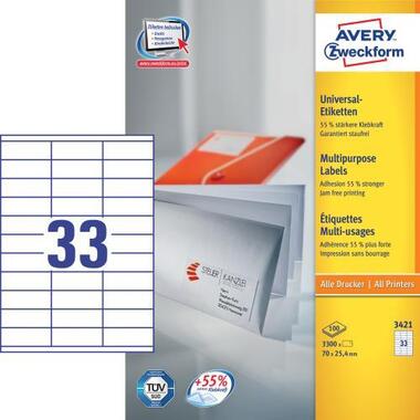 AVERY ZW. Etichette universali 70x25,4mm 3421 bianco, perm. 3300pz. / 100fl.