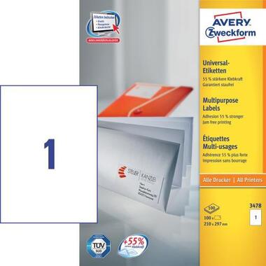 AVERY ZW. Etichette univers. 210x297mm 3478 bianco, A4 100f. / 1pezzi
