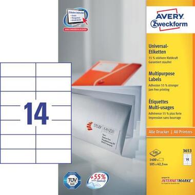 AVERY ZW. Etichette univers. 105x42,3mm 3653 bianco, perm. 1400 pz. / 100 fl.