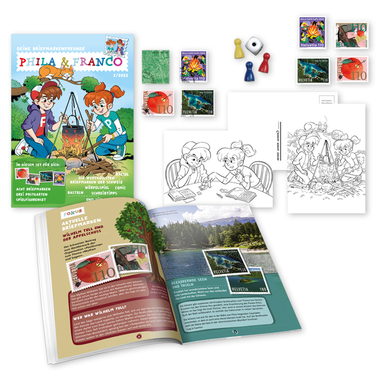 «Phila & Franco» Briefmarkenset für Kinder, DE, 2/22 Briefmarkenset für Kinder, 8 Briefmarken (4 gestempelt, 4 ungestempelt), 3 Postkarten, Spielfigurenset