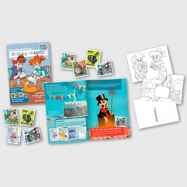 «Phila & Franco» set filatelico per bambini, 1/22 Set filatelico per bambini, 8 Francobolli (4 con anullo, 4 senza anullo), 3 Cartoline postali