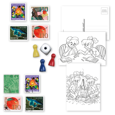 «Phila & Franco» Briefmarkenset für Kinder, DE, 2/22 Briefmarkenset für Kinder, 8 Briefmarken (4 gestempelt, 4 ungestempelt), 3 Postkarten, Spielfigurenset