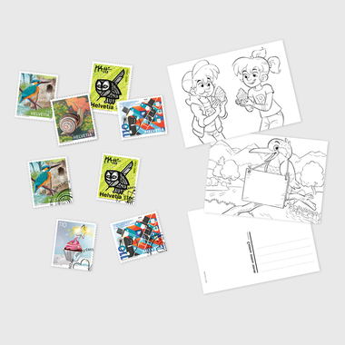 «Phila & Franco» set filatelico per bambini, 1/22 Set filatelico per bambini, 8 Francobolli (4 con anullo, 4 senza anullo), 3 Cartoline postali