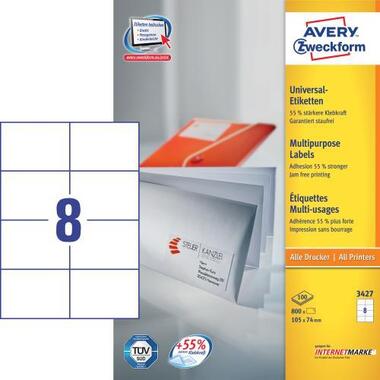 AVERY ZW. Etichette universale 105x74mm 3427 bianco, A4 100f. / 8pezzi