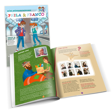 «Phila & Franco» Briefmarkenset für Kinder, DE, 3/22 20-seitiges Set, 6 Briefmarken (3 gestempelt, 3 ungestempelt – davon 1 portugiesische Harry Potter Briefmarke), 3 Postkarten, 1 Harry Potter Stickerbogen